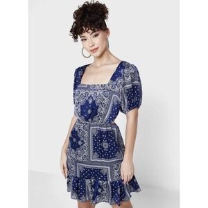 BCBGeneration Women's Blue Short Sleeved Bandana Dress Cutout Lined Size Medium